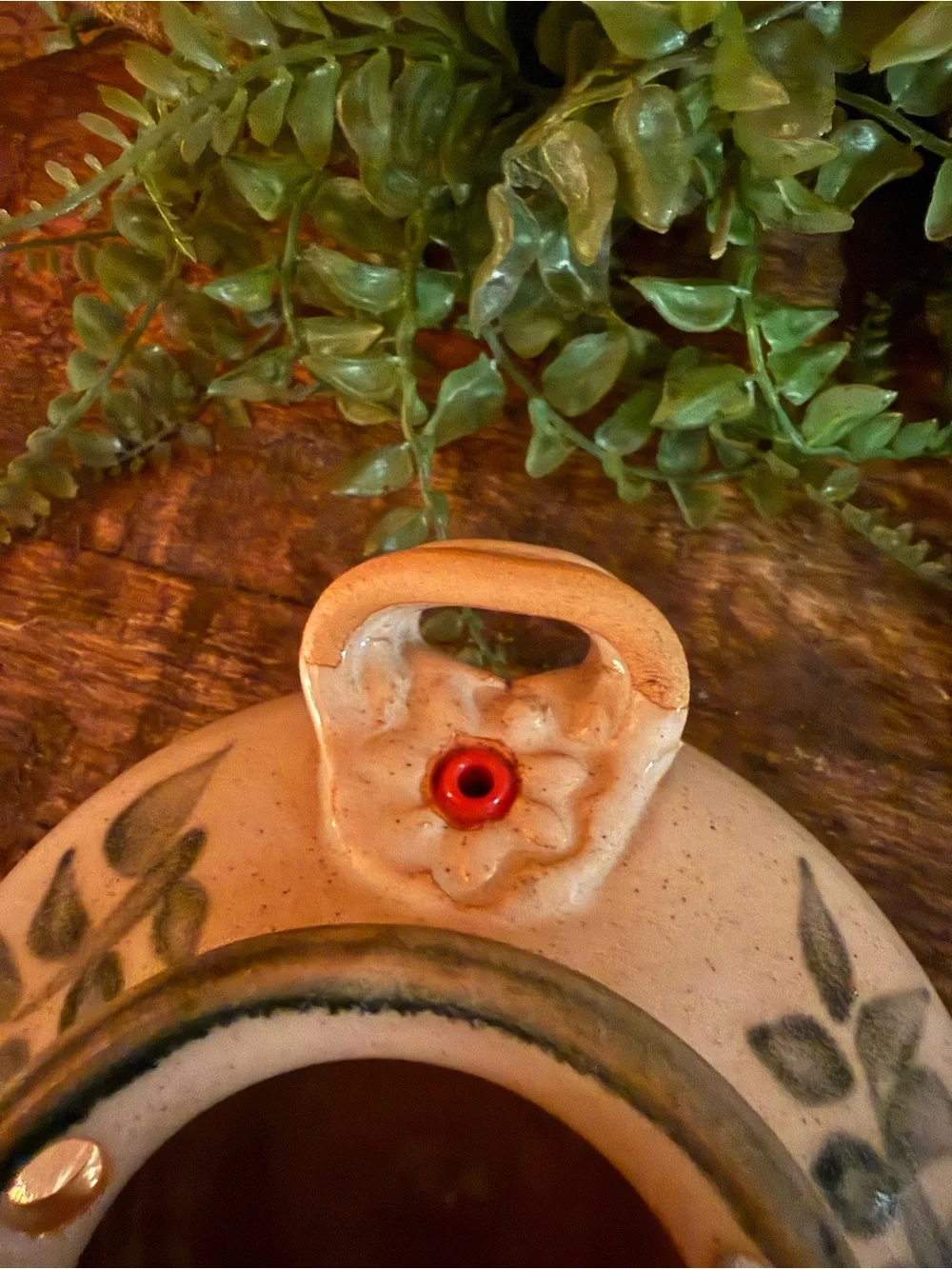 HANDCRAFTED HUMMINGBIRD FEEDER SIGNED THORPE FALL TONES ORNATE HANDLE POTTERY